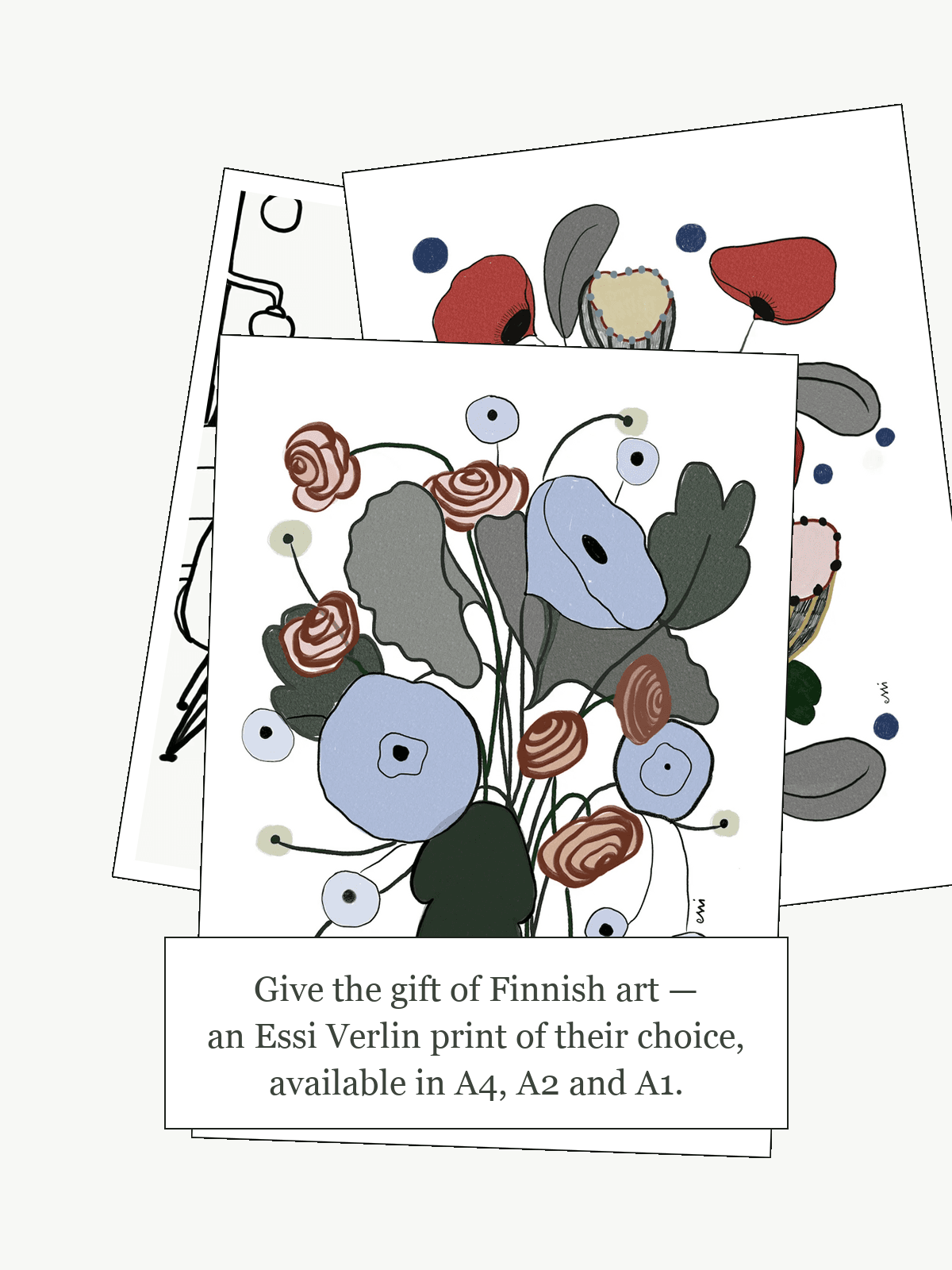 A fanned stack of three Essi Verlin prints with the gift card text